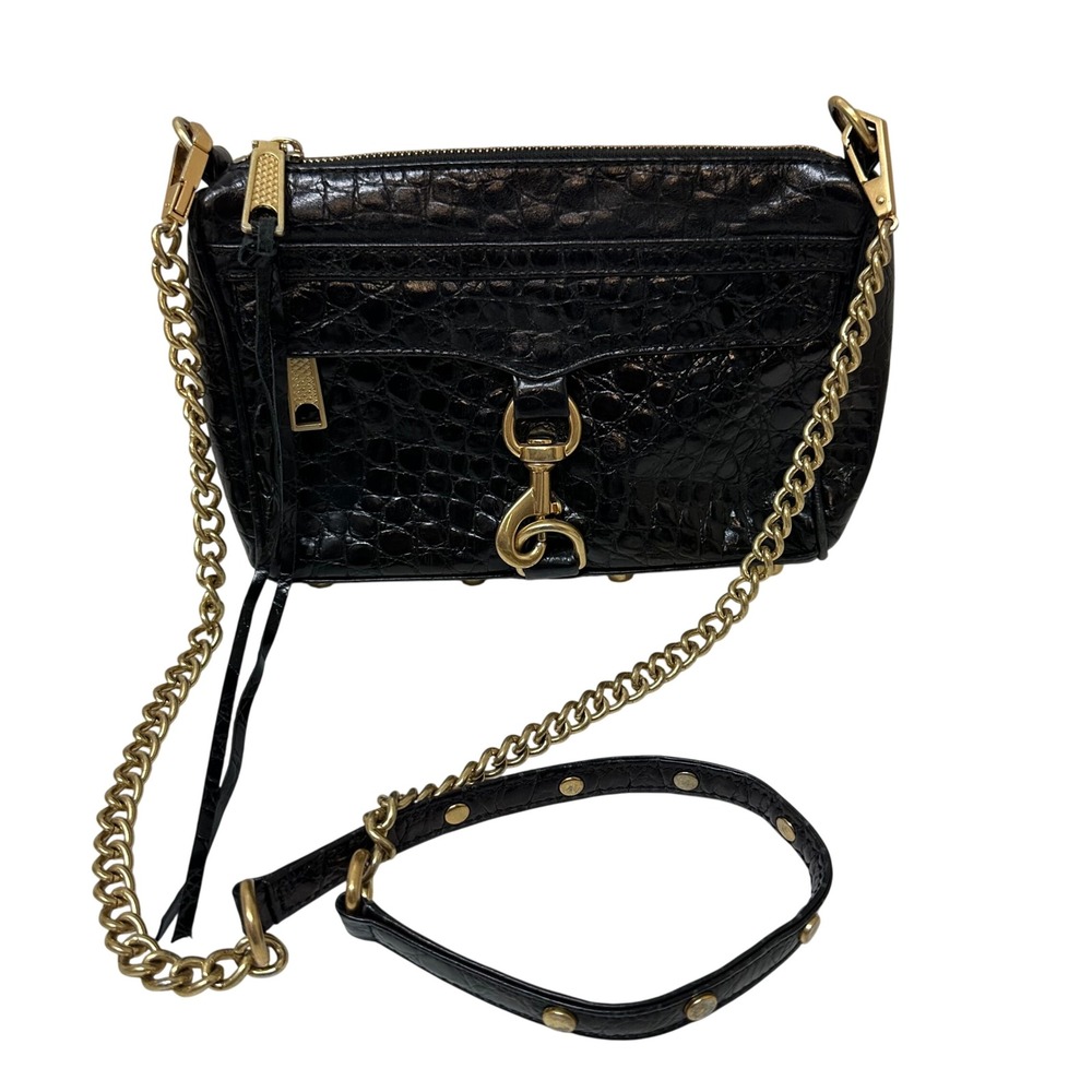 Rebecca Minkoff Black Croc Embossed Leather Mini MAC Crossbody Bag Gold Hardware
